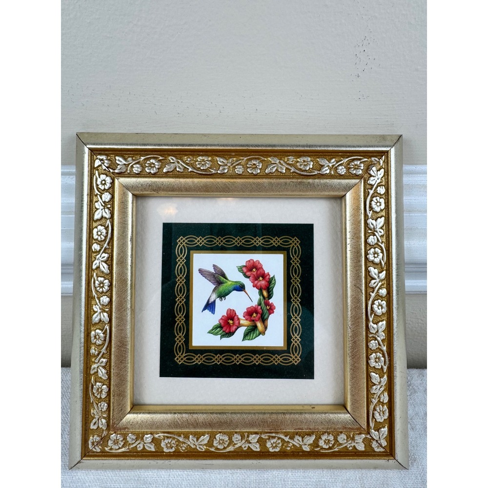 Vintage Hummingbird Floral Miniature Art Gold Ornate Square Frame 6x6" Cottage